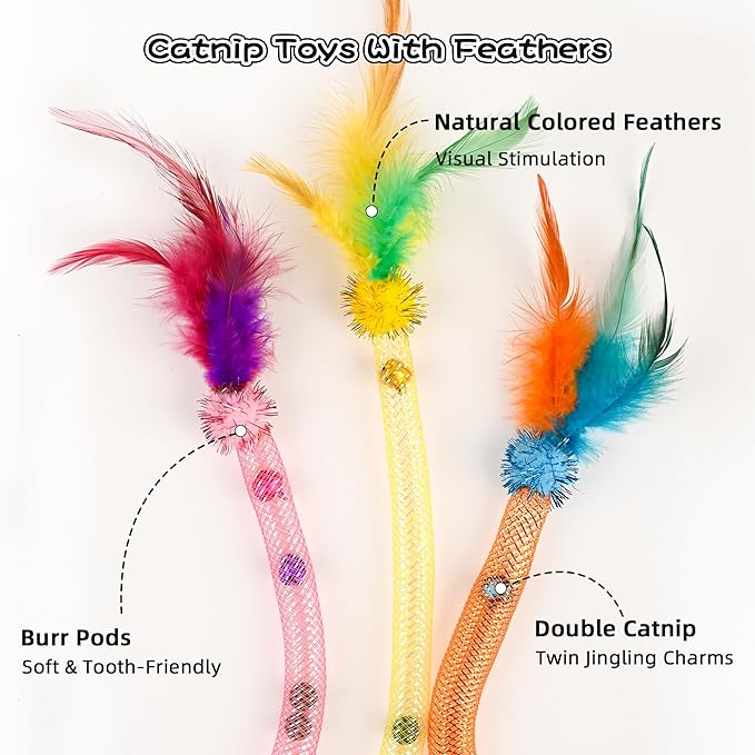 Cat Toy Set - 4 Styles Interactive Cat Feather Toy with Catnip & Dental Mesh & Bells, 2 Style Sparkle Balls & Matatabi Silvervine Sticks for Teeth Cleaning, Ideal for Cat Birthday Gifts