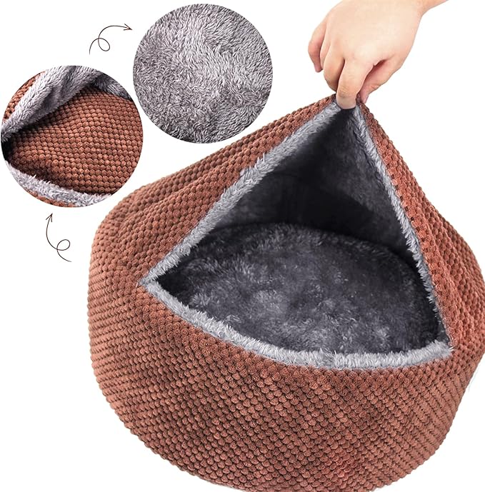 Winsterch Washable Cat Bed - Round Soft, Cozy & Warming for Indoor Cats. Calming Kitten Pet Bed. Small Pet Covered Cat Cave Beds (Coffee,12.59 x 12.59 x 5.91 in)