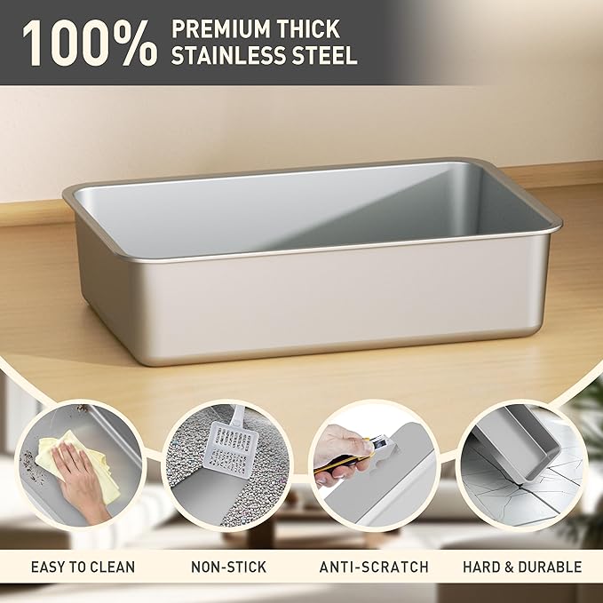 Citylife Stainless Steel Litter Box with Lid XL Large Enclosed Metal Box Anti-Leakagecat Litter Box Stainless Steel Includes Scoop, Odor Control Easy Cleaning, Black