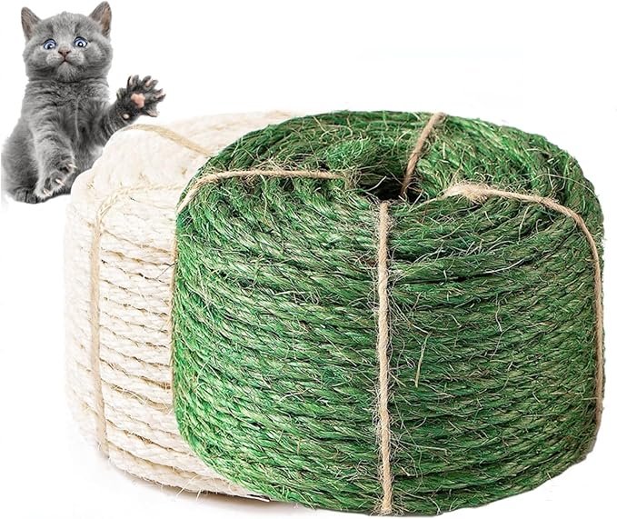 White and Green Sisal Rope 20M 6mm, Natural Premium Durable Unoiled Cat Sisal Rope for Repairing, Recovering or DIY Scratcher, Twisted Thicker Fiber Hemp Rope for Cat Tree and Tower