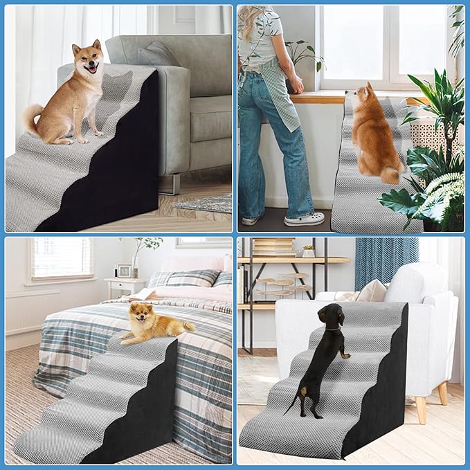 Dog Steps for Bed 24.4" High, Curved 5-Step Dog Stairs for Small Medium Dogs, PetDog Steps for Beds/Couch 22-26 in, Non-Slip Dogs Ramp with 35D High-Density Foam, Grey