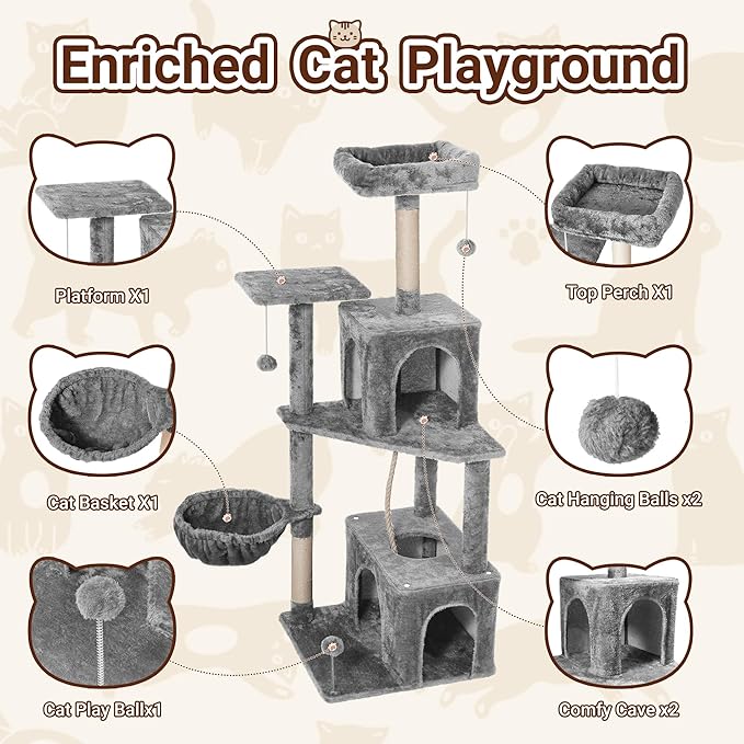 Cat Tree, 54-Inch Cat Tower for Indoor Cats,Plush Multi-Level Cat Condo with Scratching Posts, Basket, Perches,2 Caves,2 Pompoms(Gray)