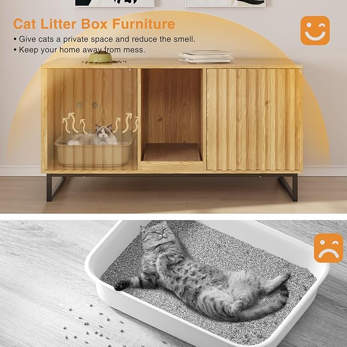 Cat Litter Box Enclosure for 2 Cats, 47.6’’ Litter Box Furniture Hidden with Scratch Pad, Double Room Large Cat Cabinet, Indoor Pet House TV Stand Side Table,Cats Washroom, Natural