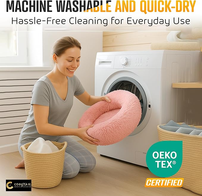 Anti-Anxiety Donut Pet Bed, Round Plush Faux Fur, Washable, Small to Medium Dogs and Cats (Pink, Large)