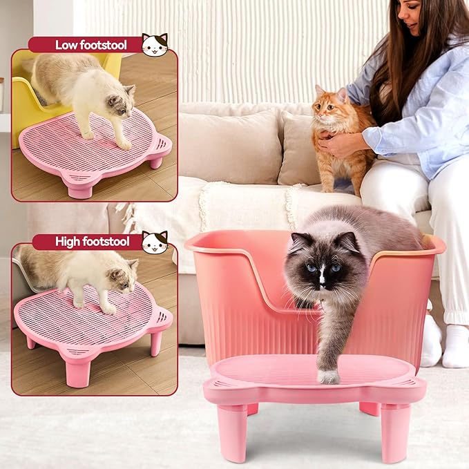 Adjustable Cat Ramp Litter Box Step Double Layer with Filter Function, Elevated Litter Box Ramp for Senior Cats Easy Cleaning Cat Litter Tray for Floor Indoor (Pink)