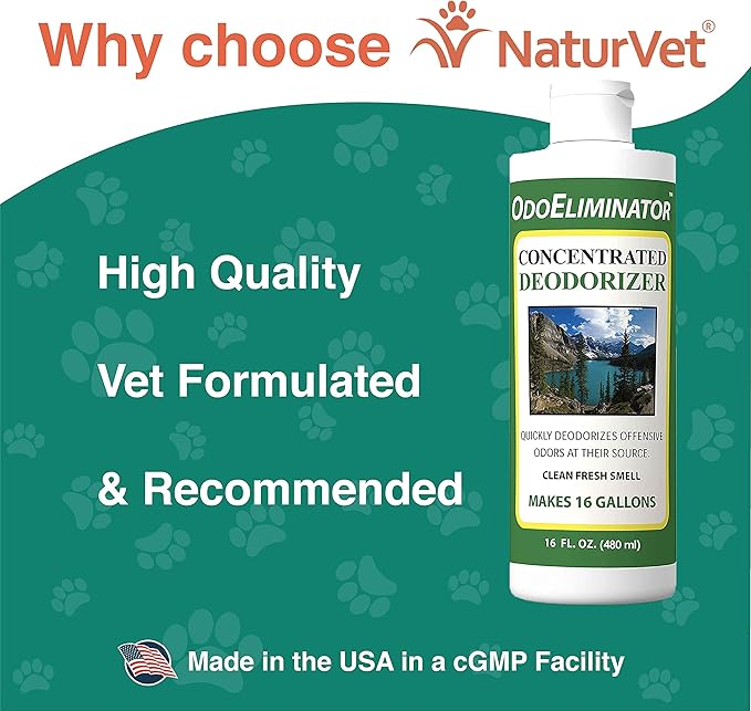 NaturVet OdoEliminator Concentrated Pet Deodorizer – Super Concentrate Deodorizing Pet Cleaner – Helps Eliminate Odors from Dogs, Cats – Clean, Fresh Scent –16 Oz.