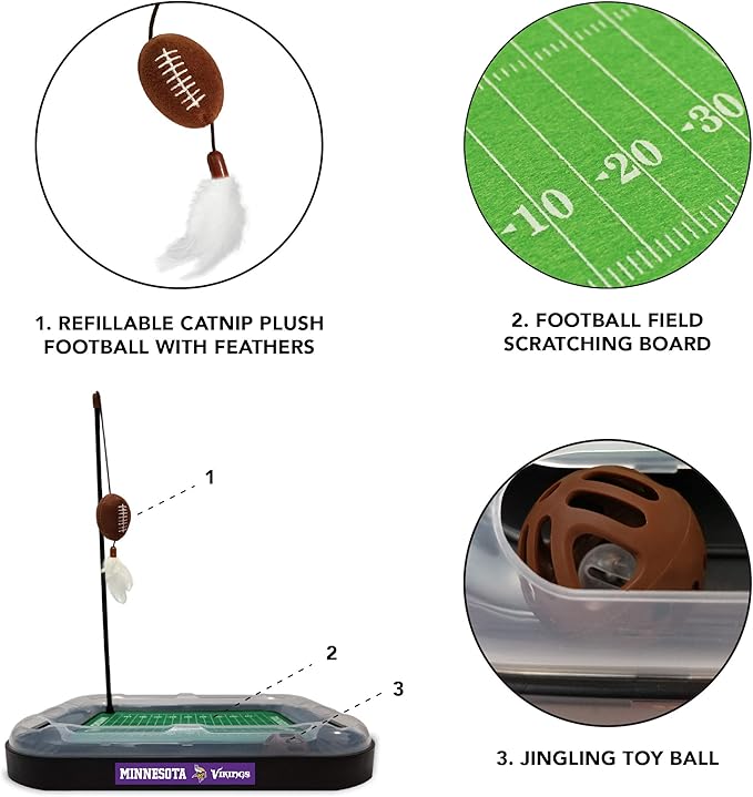 Pets First Cat Ball Bell Minnesota Vikings Football Field CAT Scratcher Toy with Catnip Filled Plush Football Toy & Feather Cat Toy Hanging, Jingle Bell Interactive Ball Cat Chasing 5-in-1 Kitty Toy