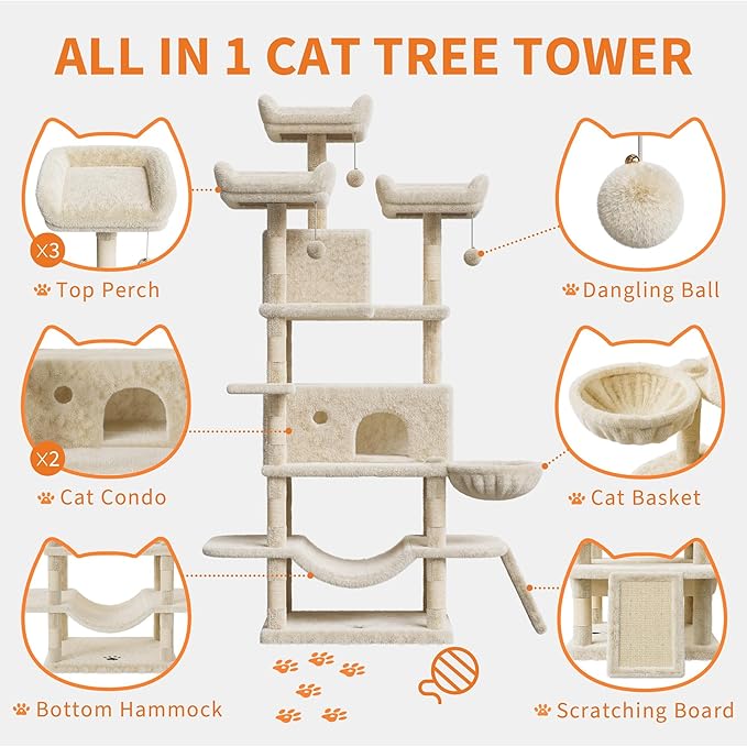 68.5 Inch Multi-Level Cat Tree, Plush Cat Tower with Condo/Sisal Scratching Posts/Hammocks/Basket/Dangling Ball/Platform, Heavy Duty Cats Tree to Play and Sleep, 2604#Beige