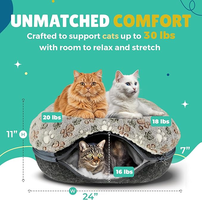 RINGTAIL Peekaboo Cat Cave - Cat Caves for Indoor Cats, Cat Donut Tunnel Bed, Kitten Beds Felt, Cat Bed Cave Square with Two Fluffy Fleece Cushion, Nest Cove Scratch-Resistant Detachable & Washable