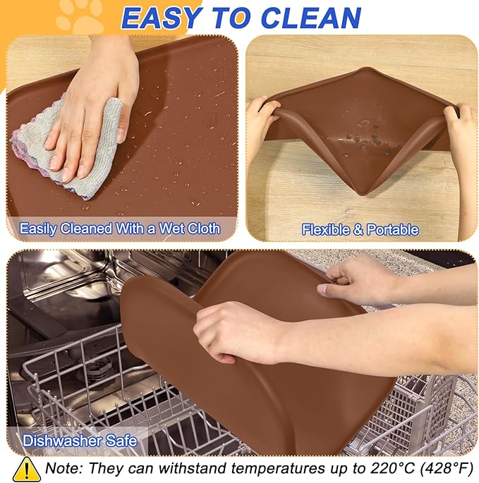 Silicone Pet Feeding Mat with Raised Edge for Food and Water, Dog Bowl Mats, Cat Bowls Placemat with High Lip for Floor Waterproof, Rubber Tray for Cats and Dogs 19 x 12 x0.7 Brown