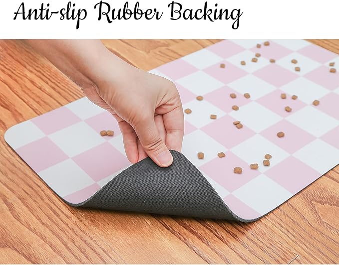 Ralxion Checkered Dog Feeding Mat, Absorbent Mats for Dog Food and Water Bowl, Dispenser, Retro Aesthetic Pink Checkerboard Pet Placemat for Dogs, Cats, Puppy Accessories, 12" X19”