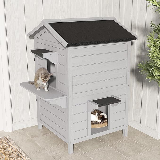 Outdoor Cat House for Multiple-Cats：Wooden Cat Shelter with Weatherproof Roof, Easy Access & Ventilation, Large Pet Catio for Feral Cats, Indoor Outside Use