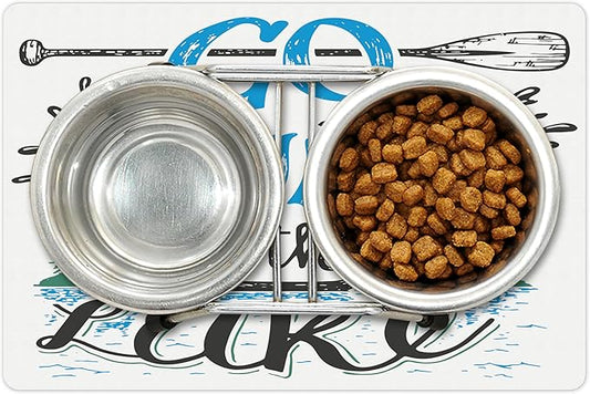 Lunarable Cabin Pet Mat for Food and Water, Vintage Typography Inspirational Words Lake Sign Canoe Fishing Sports Theme, Non-Slip Rubber Mat for Dogs and Cats, 18" X 12", Black Green