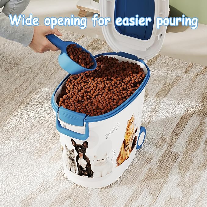 Pet Food Storage Container with Scoop & Slow Feeder Bowl – 40LB Large Capacity Dog Cat Food Dispenser, Durable Resin Dry Kibble Keep Food Fresh Organizer for Dogs Cats Birds, Blue
