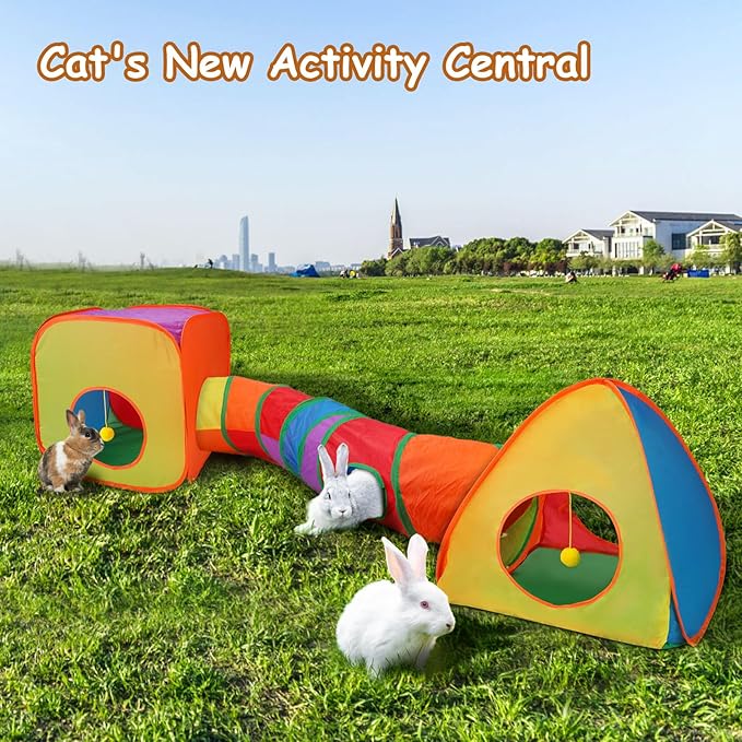 Rypet Cat Tunnels for Indoor Cats with Cube Tent Toys Combo Pop Up Collapsible Crinkle Interactive Peek Hole Cat Tube with Play Ball and Bell for Kitten, Puppy, Kitty, Rabbit