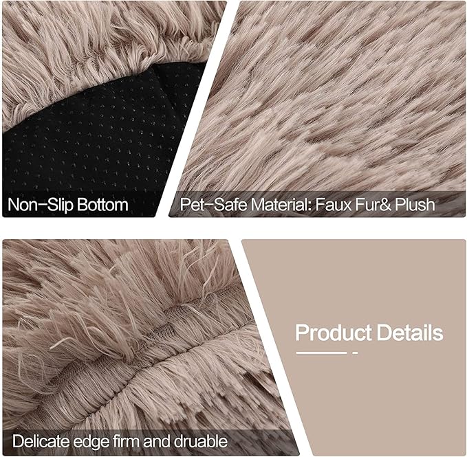 Cat Bed for Indoor Cats and Small Medium Dogs - Washable 20/24 Inches, Round Fluffy Plush Faux Fur, Anti-Anxiety, Thick Bottom (Light Brown, Medium)