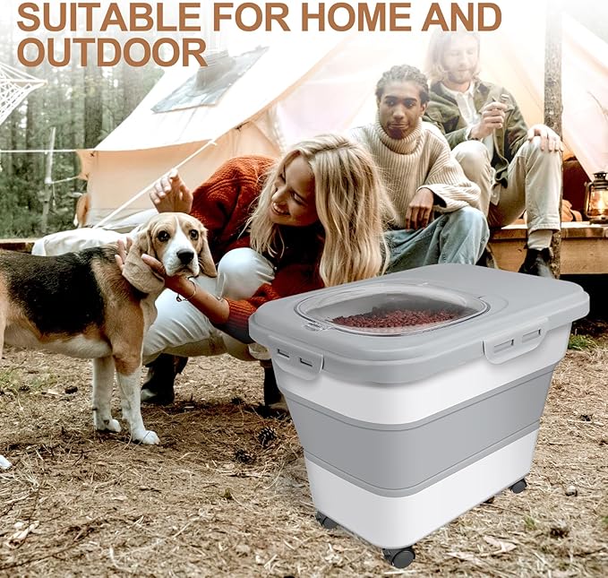 Dog Food Storage Container, 10-20lbs Collapsible Dog Cat Food Containers with Airtight Clear Flip-top，Rolling Wheel and Pet Food Scoop, Pet Food Storage Container Bin for Dog Cat Bird Pets