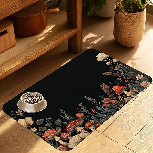 Vintage Mushroom Flower Pet Cat Dog Food Mat-Absorbent Quick Dry Feeding Placemat for Water and Food, No Stains Rubber Base Mat for Indoor Use, Pet Accessories 16"x24"