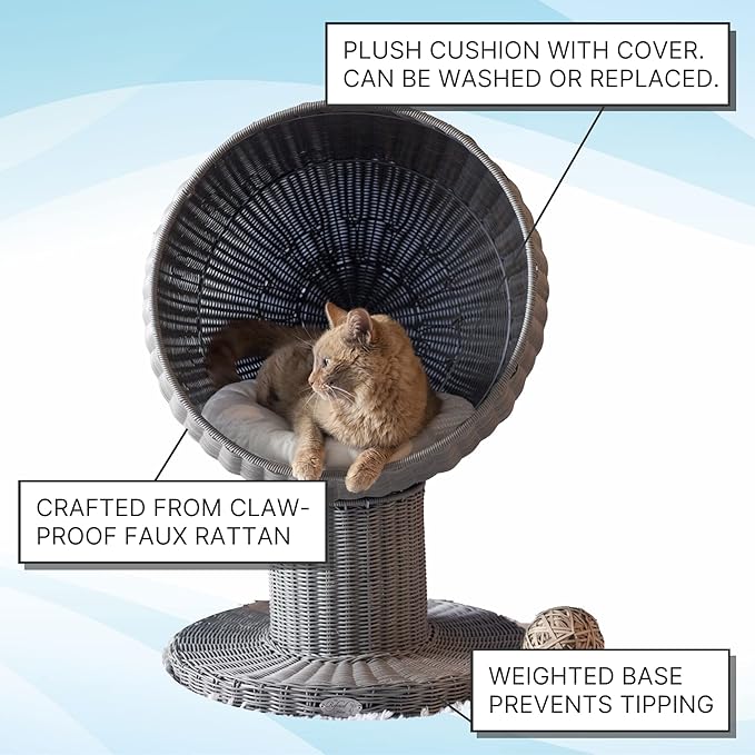 THE REFINED FELINE Kitty Ball Cat Bed Cave for Indoor Cats in Smoke, Claw-Proof Faux Rattan Cat Furniture, Easy to Clean Elevated Cat Bed with Washable & Replaceable Covered Cushion