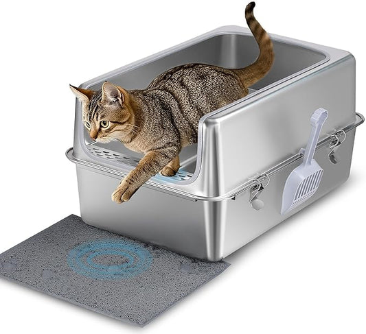 Stainless Steel Litter Box with Metal Lid and Scoop - Enclosed Metal Litter Box for Large Cats, Rust-Resistant, Odor-Control, Easy to Clean, Durable & Long-Lasting with Round Edge (XL)