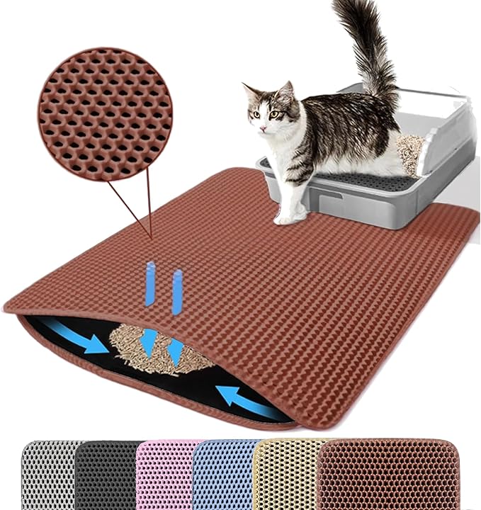Jumbo Cat Litter Mat, 46x26 Inches Double Layer Honeycomb Litter Trapping Mat, Non Slip Waterproof Urine Proof Extra Large Cat Litter Box Mat, Kitten Supplies and Essentials, XXL, Brown