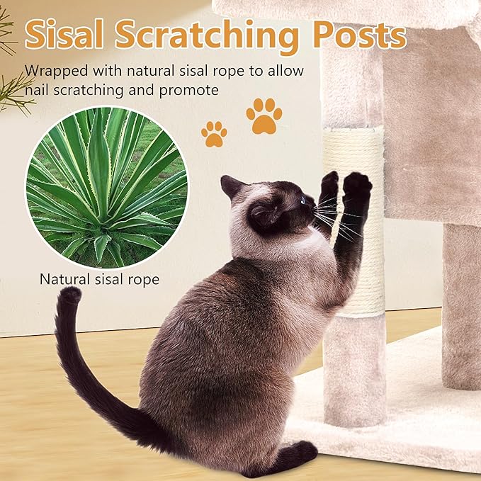 FDW Cat Tree for Indoor Cats 36 Inches Cat Tower Multi-Level Indoor Cat Play Condo House with Scratching Posts, Spacious Perch, Sisal Posts and Dangling Toys, Beige