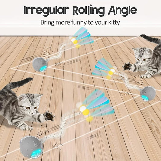 Interactive Cat Toys Ball for Indoor Cats, Automatic Moving Ball Toy with Elastic Mesh Tail, Chirping & Obstacle Avoidance and Motion Activated, Grey【Rechargeable】