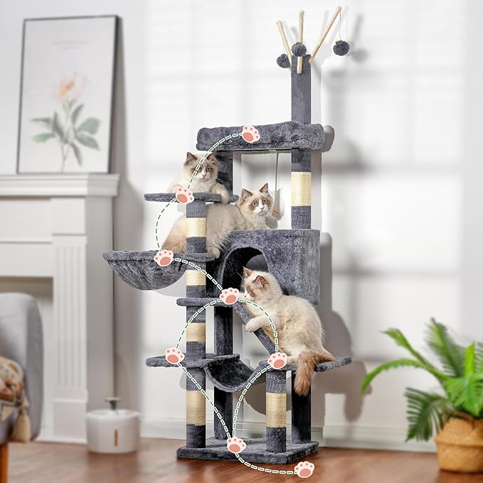 Cat Tree, Multi-Level Cat Tower for Indoor Cats, Cat Condo with Cat Scratching Post and Board, Cat Hammock, Smoky Gray GCT011G