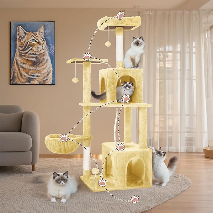 Cat Tree, 54-Inch Cat Tower for Indoor Cats,Plush Multi-Level Cat Condo with Scratching Posts, Basket, Perches,2 Caves,2 Pompoms(Beige)