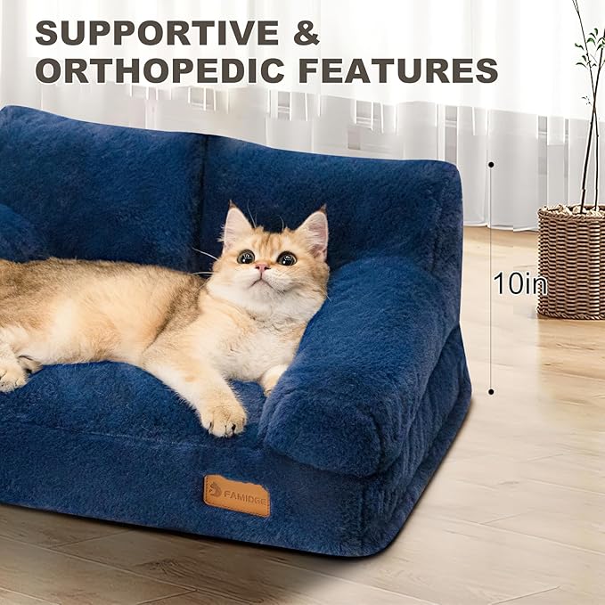Cat Couch Bed - Cat Bed for Indoor Cats, Calming Pet Sofa Puppy Sleeping Bed with Removable Washable Cover, Cute Dog Couch and Kitty Lounge Chair for 12lbs Cats & Small Dogs(Navy Blue)