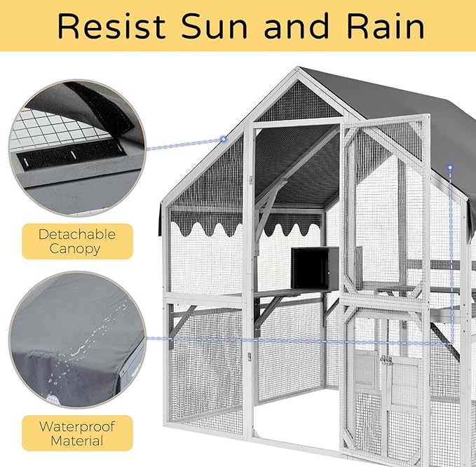 Catio Outdoor Cat Enclosure House Large for Multiple Cats, Wooden Cat Condo Cage for Outside with Waterproof Roof, Playpen, Resting Box, Platform, Bridges, Doors, 74”x57”x74”, Gray