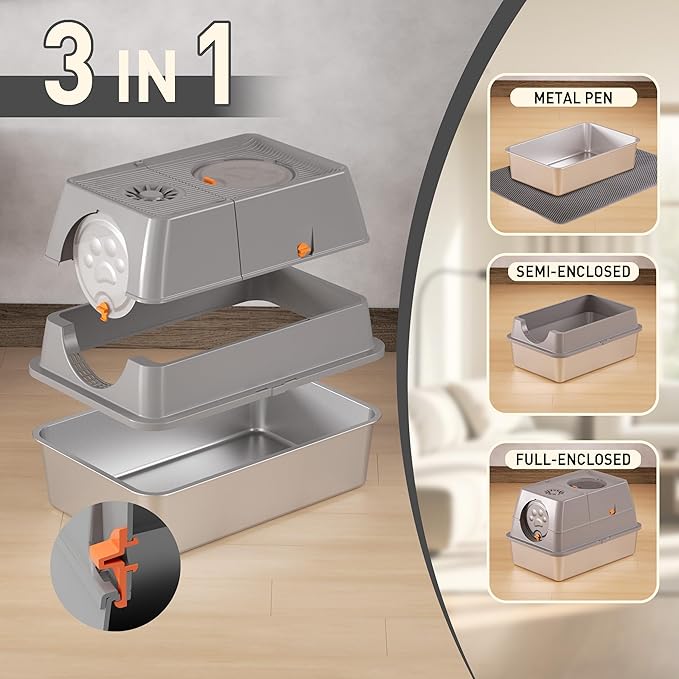 ITYLIFE CITYLIFE Stainless Steel Litter Box with Lid XL Large Enclosed Metal Box Anti-Leakagecat Litter Container Stainless Steel Includes Scoop, Odor Control Easy Cleaning, Light Grey