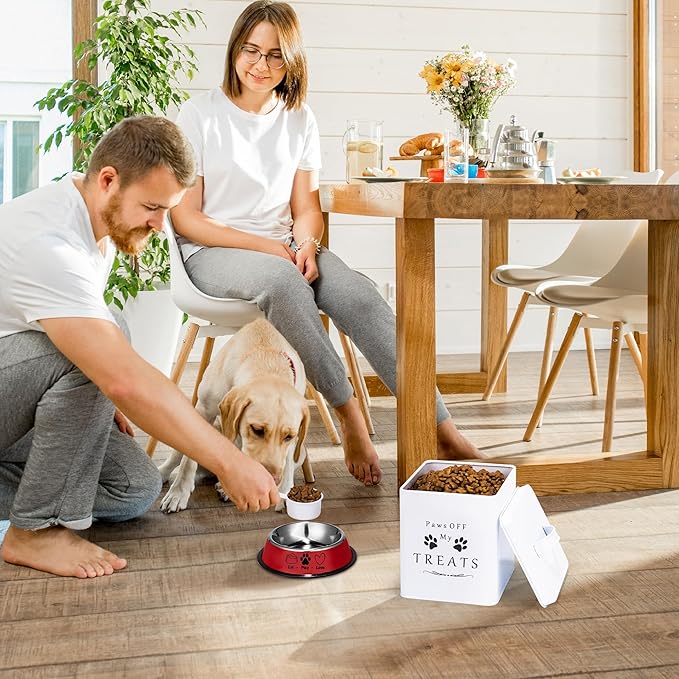 Meraki Home Small Dog Food Container and Dog Treats Container - Tight Lids - Feed Scoop and Pet Food Bowl - Farmhouse Metal Storage Bin - Glossy White