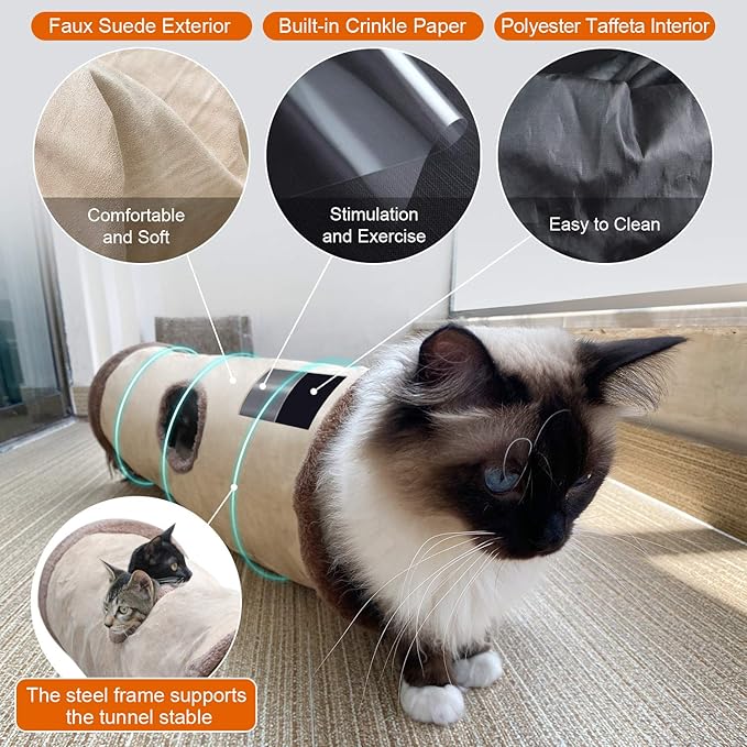 Petest Collapsible Cat Tunnel Pet Play Tube Crinkle Tunnel with Cat Toys，Length 35" Diameter 9.7"