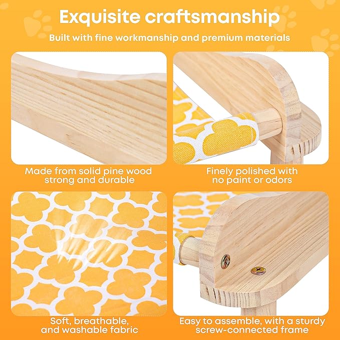 Elevated Wooden Cat Bed – 24"x15.7"x5.9" Breathable Hammock Pet Bed for Indoor/Outdoor Use, Raised Dog Lounger for Small Pets Like Kittens, Puppies, Rabbits, and Bunnies(Orange-1)