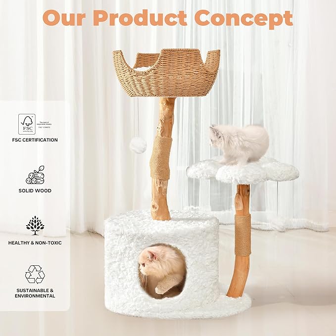 Easyego Modern Cat Tree, Aesthetic Wood Cat Tree Tower for Large Cats, Luxury Cat Condo with Scratching Posts and Flower Platforms, Cat Furniture by Easyego, (Rabbit Hair - White)