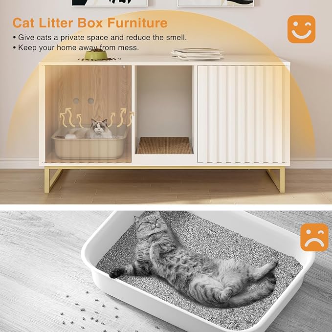 Cat Litter Box Enclosure for 2 Cats, 47.6’’ Litter Box Furniture Hidden with Scratch Pad, Double Room Large Cat Cabinet, Indoor Pet House TV Stand Side Table,Cats Washroom, White