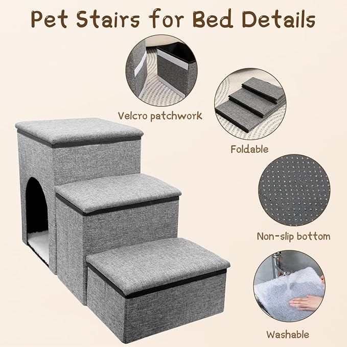 Fhiny Dog Stairs with Storage, 3-Steps Foldable Pet Stairs for Small Dogs Non-Slip Puppy Steps with Condo for High Bed & Couch Dog Ramp for Old Dogs and Cats, Holding up to 160 lbs Pets (Grey)