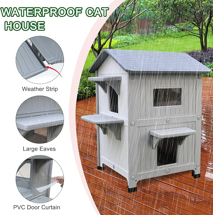 Rockever Luxury Plastic Outdoor Indoor Cat House with Escape Door, Waterproof 2 Story Outdoor Houses for Feral Cats Outside Cat Shelter, Spacious, Clean and Assemble Easily