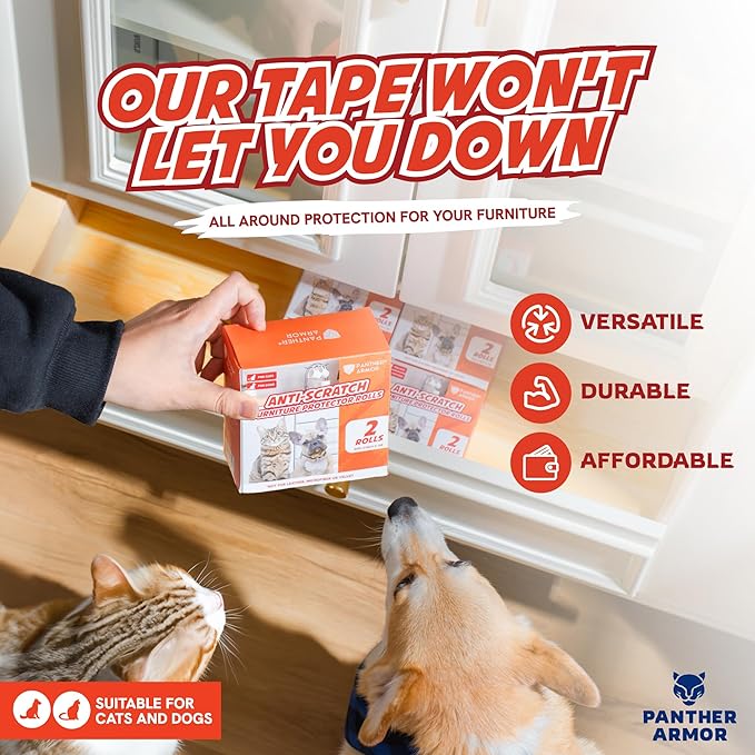 Panther Armor Anti Cat Scratch Furniture Protector Tapes, 2X Rolls, Furniture Scratch Guards for Cats, No Scratch Single Side Sticky Tape, 4in x 10ft, Transparent Gloss Protection