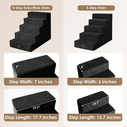 EHEYCIGA Dog Stairs for High Bed 25" H, 5-Step Extra Wide Dog Steps for Bed, Pet Steps for Small Dogs and Cats, Non-Slip Balanced Pet Ramp Indoor, Black