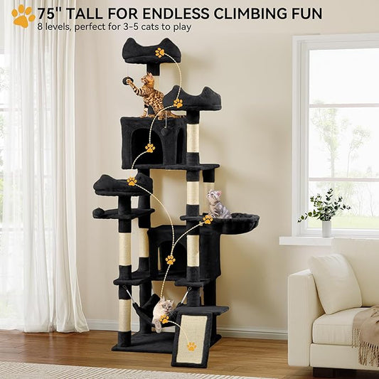 YITAHOME Tall Cat Tree for Indoor Cats, 75 inch Multi-Level Cat Tower with Cat Condos, Top Perches, Sisal Ramp Scratching Posts, Cozy Basket, Hammocks, Large Cat Pet Activity Structure, Black