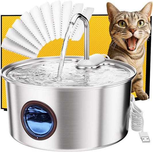 Cat Water Fountain Stainless Steel - 108oz/3.2L Automatic Cat Water Fountain for Drinking with 10PCS Filters, Metal Pet Water Fountain Water Dispenser for Cats, Dogs, Multiple Pets