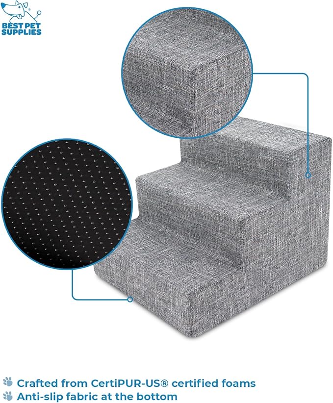 Best Pet Supplies Dog Stairs & Steps - Foam Steps for Small Dogs & Cats, Non-Slip Indoor Balanced Pet Step Support, Dog Ramp, No Assembly, Ash Gray Linen, 3-Step (13.5-inch Height)