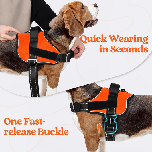 rabbitgoo Dog Harness for Large, Easy On Pet Vest with One Buckle, No Pull Adjustable Service Harness with D-Ring & Handle, Reflective for Safety Walking, Training, Orange, L