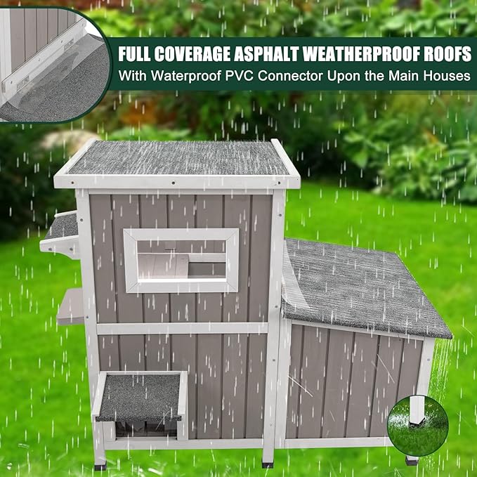 Cat House Outdoor Cat Shelter for 2-3 Feral Cats Two Story Wooden Cat Houses for Outside Cats Weatherproof in 3 Rooms,with Asphlat Roofs 3 Escape Doors Acrylic Window Easy Assemble