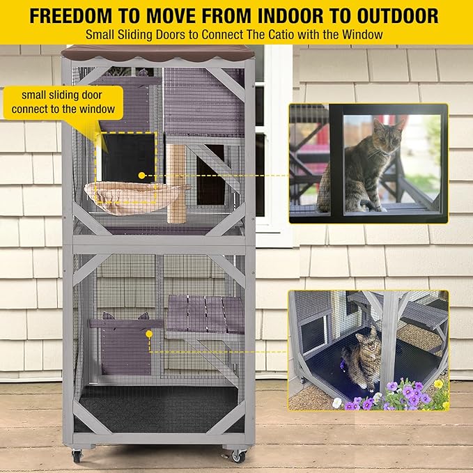 Aivituvin Cat Catio Outdoor Cat House Movable Large Enclosures on Exercise Wheels Kitty Cage with Upgraded Resting Box,Waterproof Cover