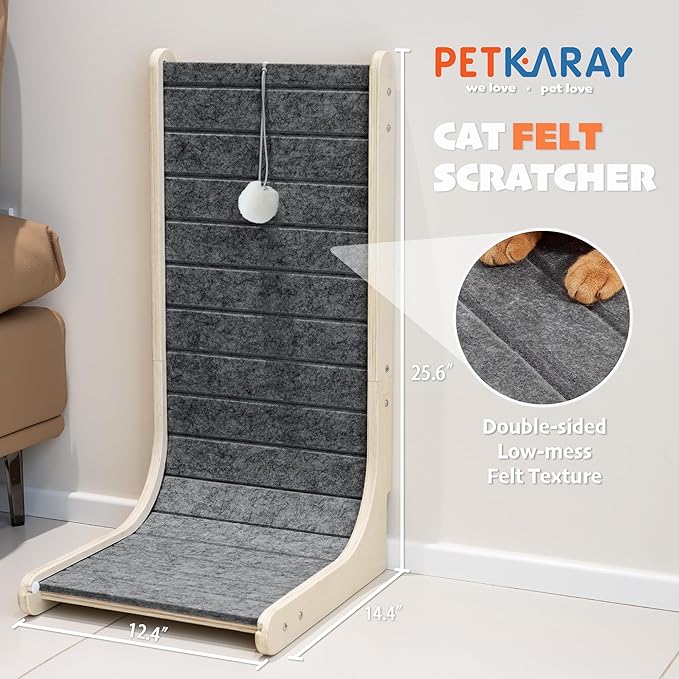 PETKARAY Felt Cat Scratcher, Vertical Cat Scratching Carpet, Scratch Resistant Couch Felt Scratcher, Slot-Free Scratch Pad with Toy Ball, Dark Grey