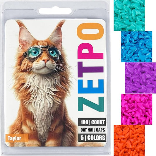 zetpo 100 pcs Cat Nail Caps | Cat Claw Covers | with Adhesives and Applicators (L, Turquoise, Sky Blue, Purple, Rose, Orange Peel)