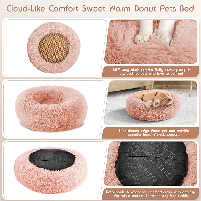 Calming Donut Dog Bed Medium Size Removable Cover + 2 PCS Cooling Rattan Pet Mat, Fluffy Comfort Anti-Anxiety Washable Round Pets Bed with Double-Sided Cool Pad for Medium Dogs/Cat, 31" Pink